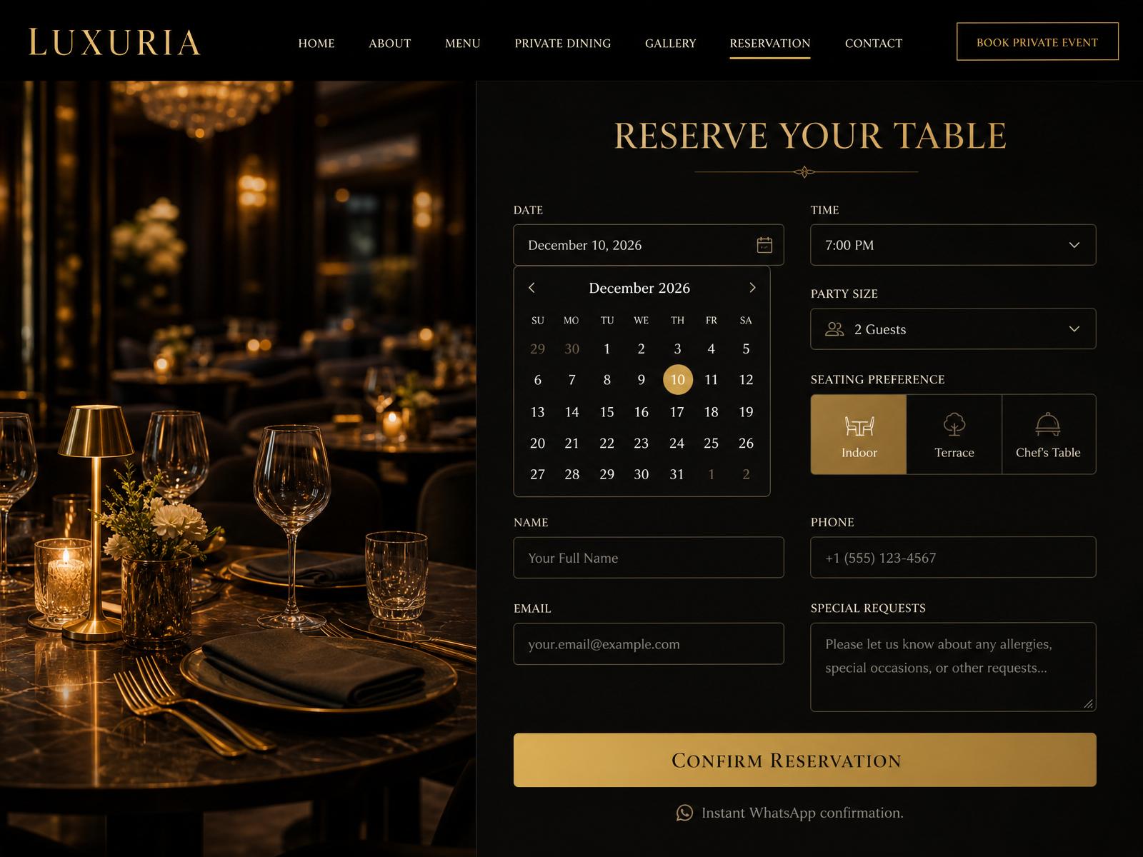 Fine dining concept — reservation page
