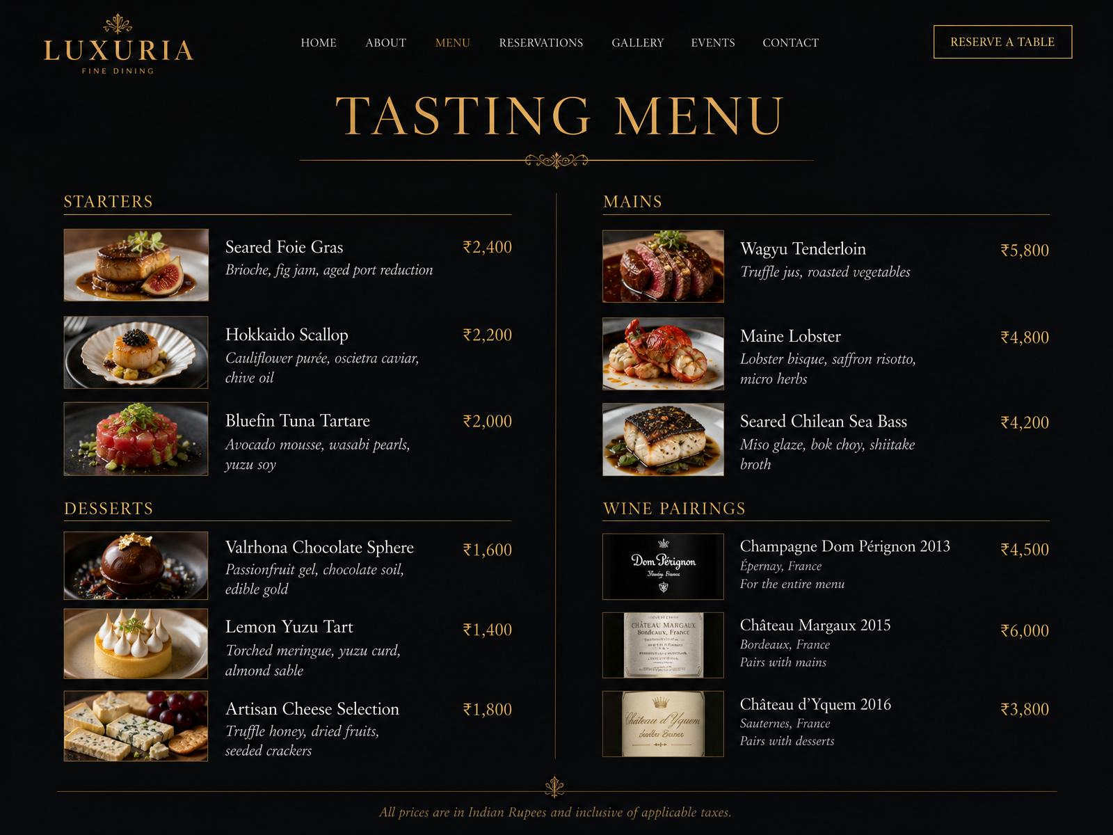 Fine dining concept — menu page