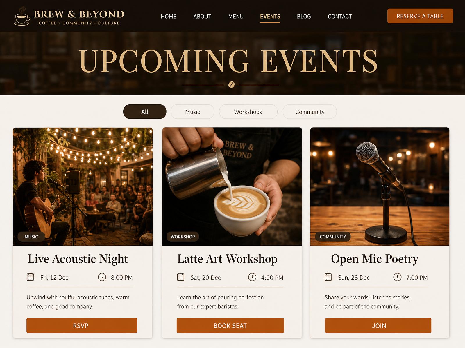 Modern cafe concept — events page